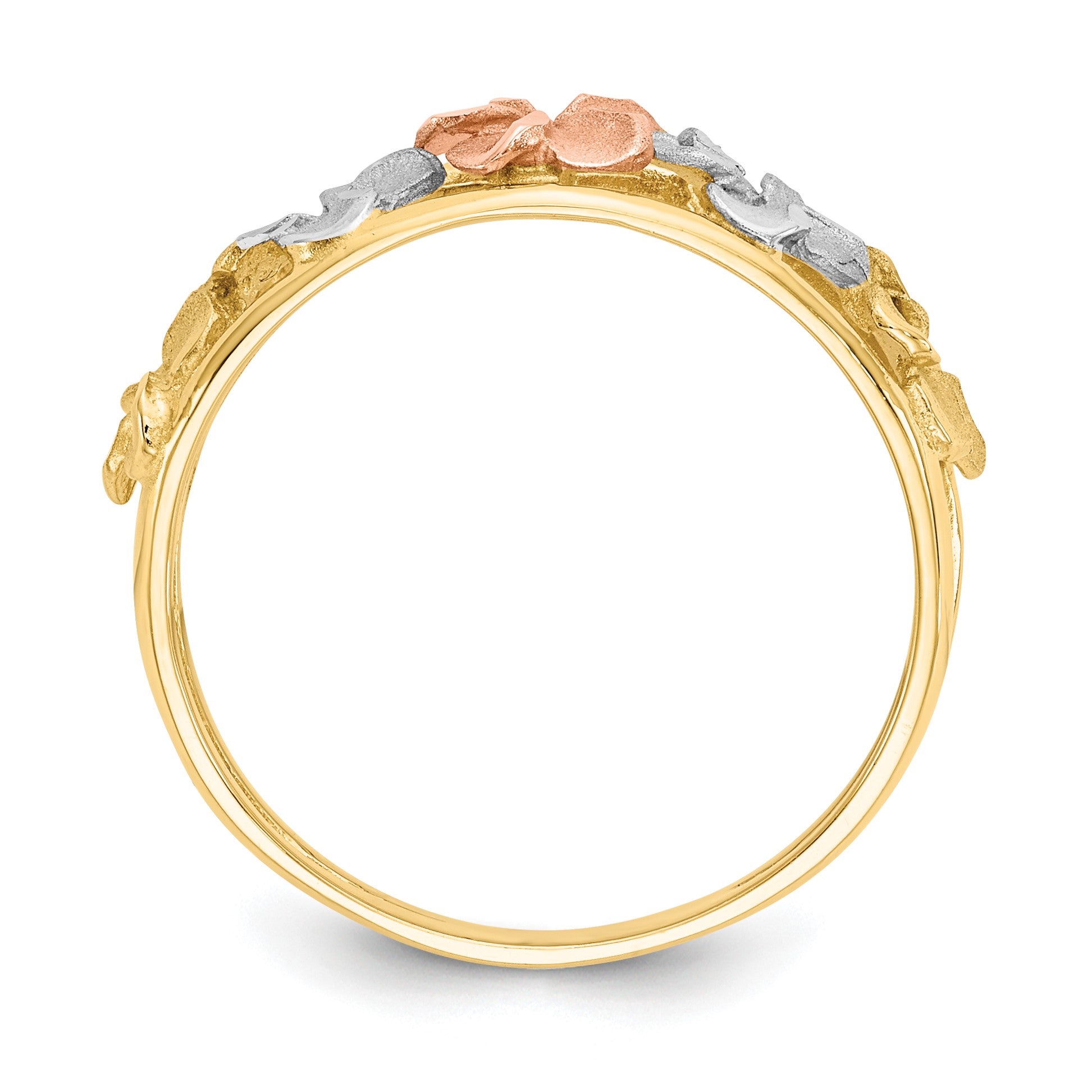 14k Two-tone with White Rhodium Satin and Polished Diamond-cut Plumeria Flowers Ring
