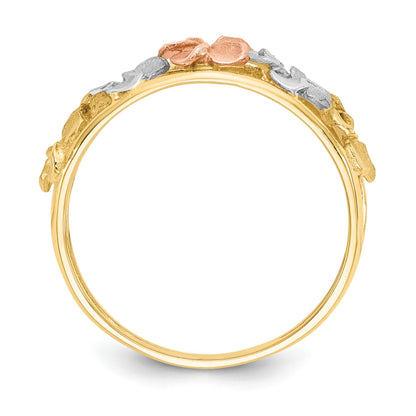 14k Two-tone with White Rhodium Satin and Polished Diamond-cut Plumeria Flowers Ring