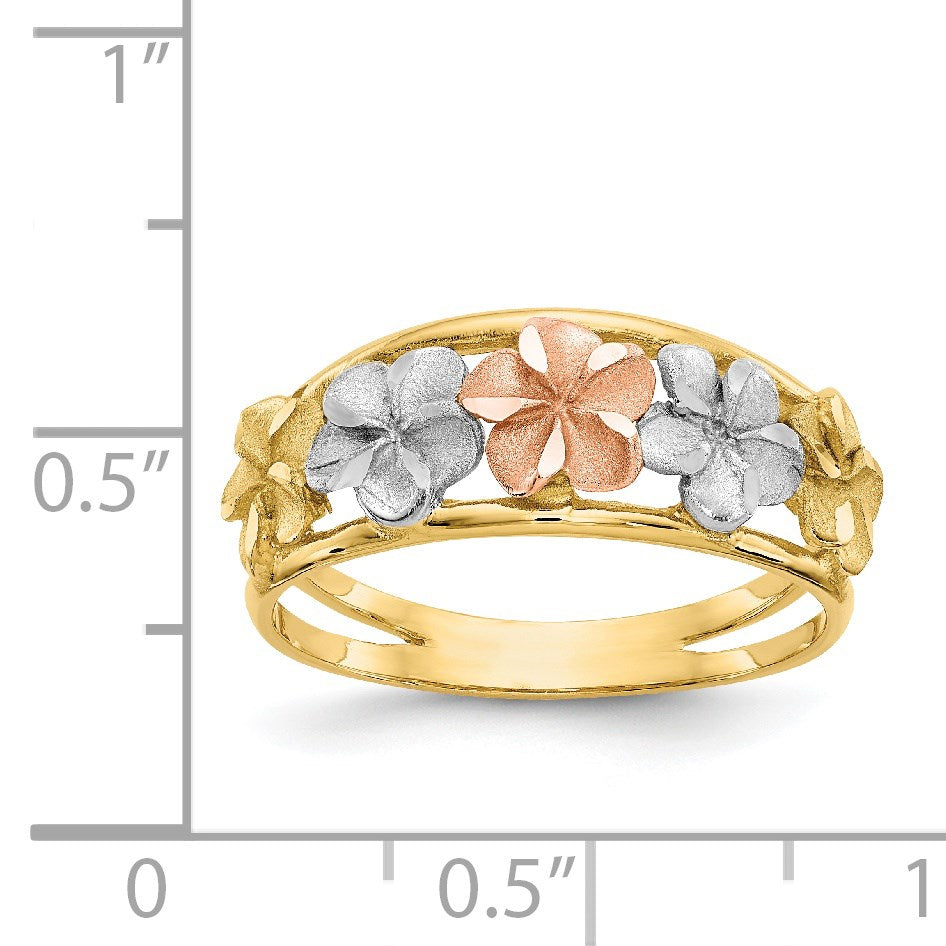 14k Two-tone with White Rhodium Satin and Polished Diamond-cut Plumeria Flowers Ring