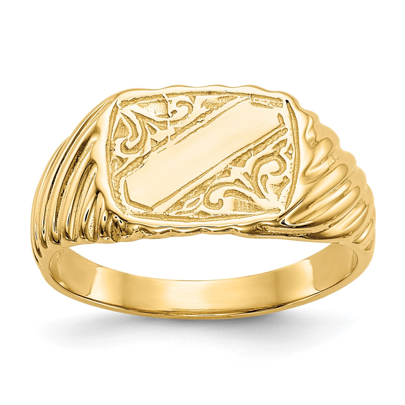 14K Polished 9.5x7.0mm Open Back Size 2.5 Baby Rectangular with Stripes Signet Ring