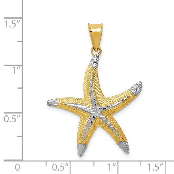 14k and White Rhodium Diamond-cut Polished Starfish Pendant