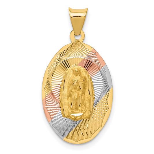 14K with Rose and White Rhodium Diamond-cut Solid Our Lady Of Guadalupe Oval Pendant