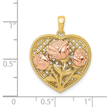 14K Two-tone Polished Flowers in Heart Pendant