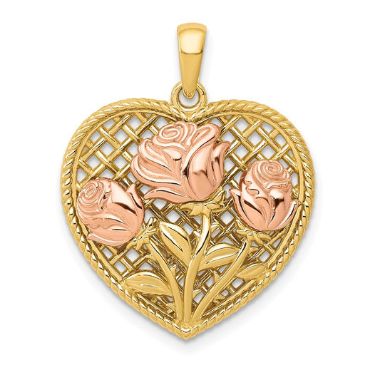 14K Two-tone Polished Flowers in Heart Pendant