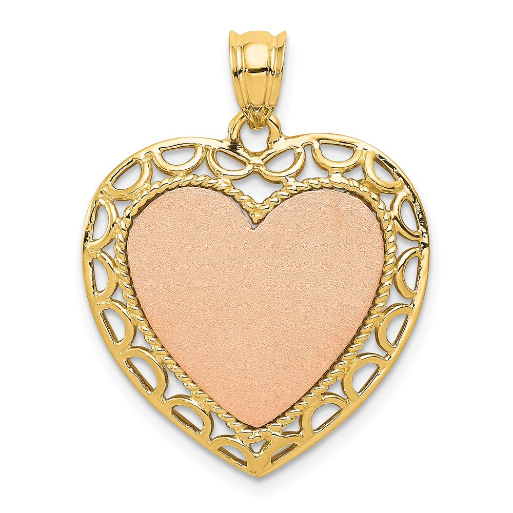 14K Two-tone Polished Lace Trim Heart Pendant