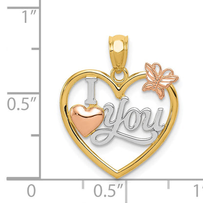 14k Two-tone with White Rhodium I LOVE YOU Heart with Butterfly Pendant