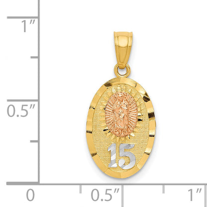 14k Two-tone with White Rhodium Diamond-cut Our Lady of Guadalupe with 15 Pendant