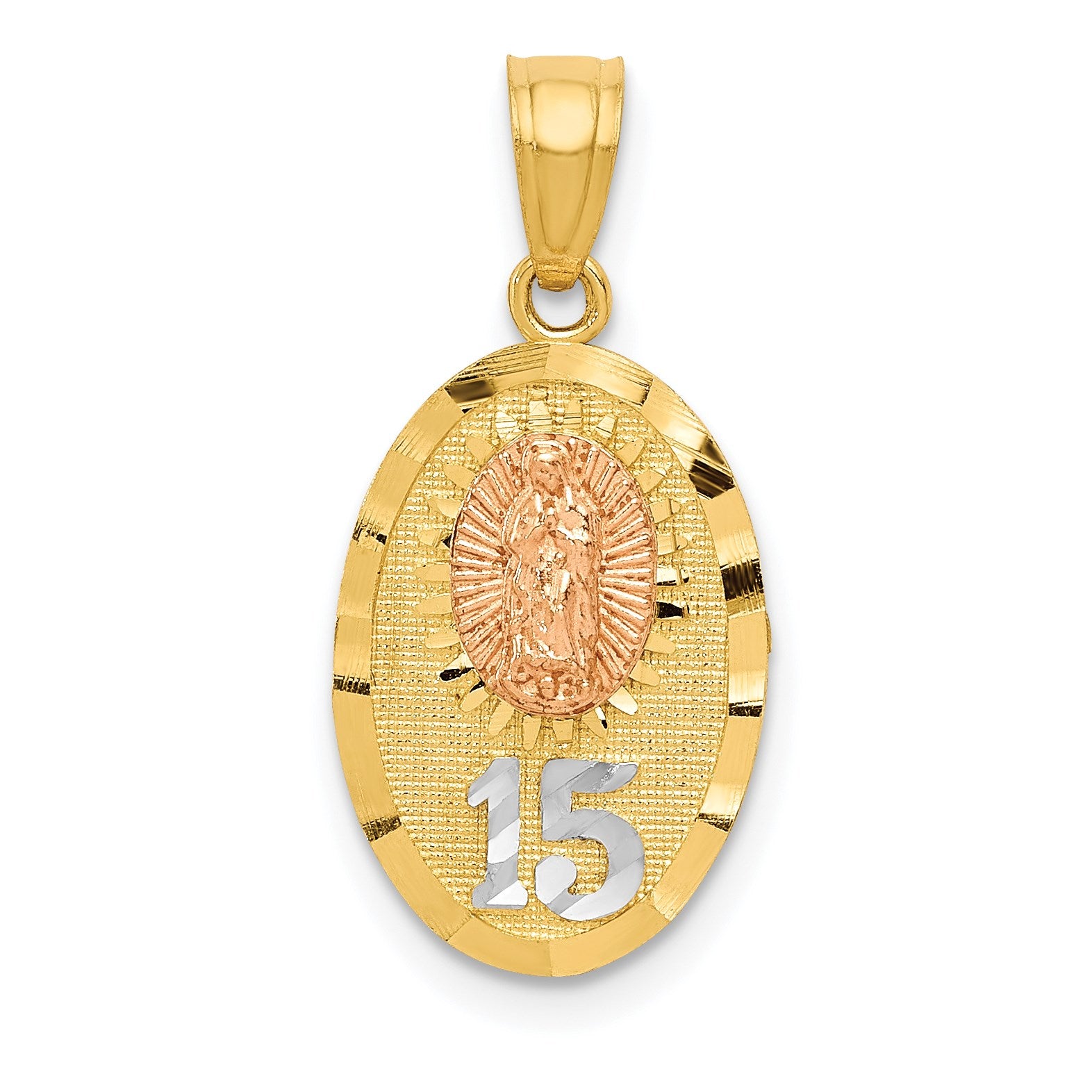 14k Two-tone with White Rhodium Diamond-cut Our Lady of Guadalupe with 15 Pendant