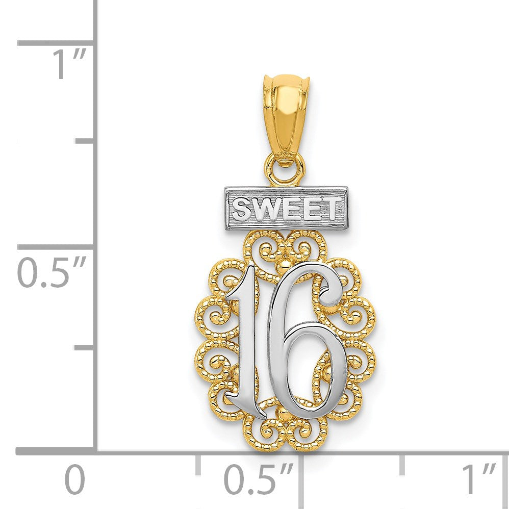 14k with White Rhodium Filigree SWEET 16 Pendant