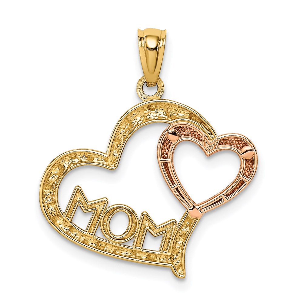 14k Two-tone w/White Rhodium Diamond-cut MOM in Heart w/Heart Pendant