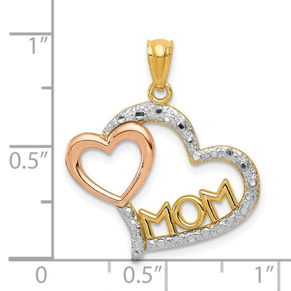 14k Two-tone w/White Rhodium Diamond-cut MOM in Heart w/Heart Pendant