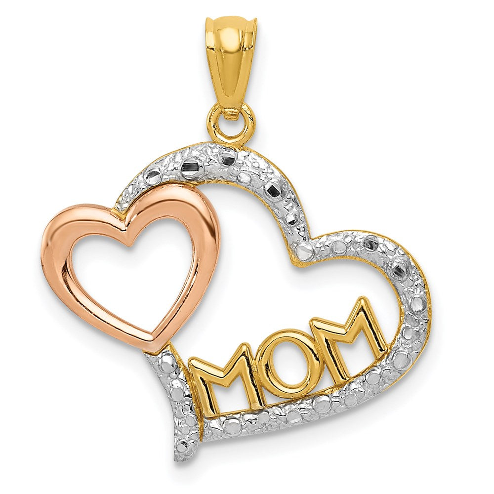 14k Two-tone w/White Rhodium Diamond-cut MOM in Heart w/Heart Pendant