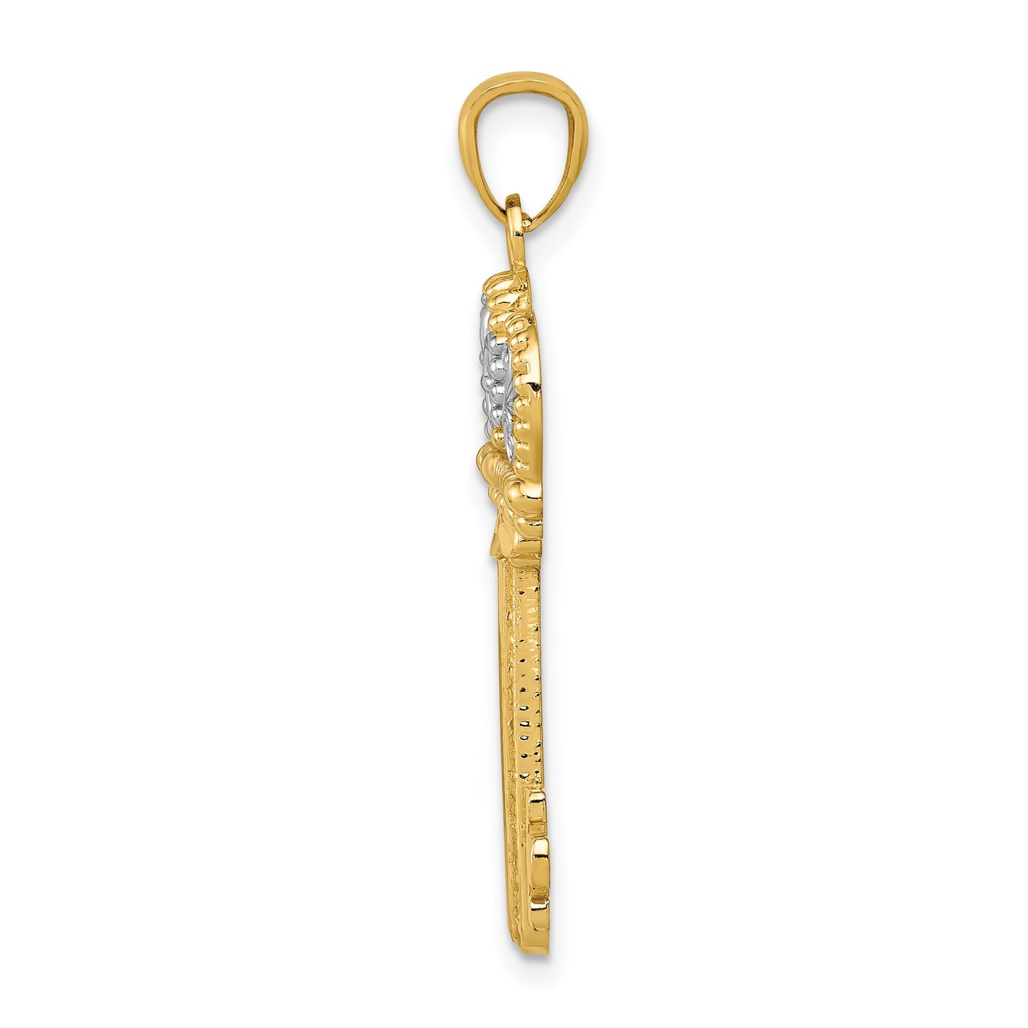 14K and White Rhodium Polished Fleur De Lis Crown Key Charm