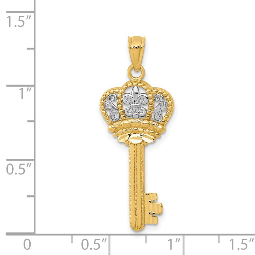 14K and White Rhodium Polished Fleur De Lis Crown Key Charm