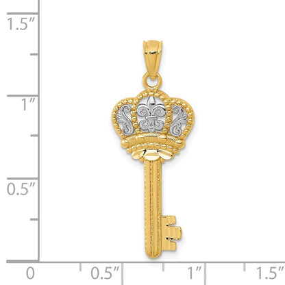 14K and White Rhodium Polished Fleur De Lis Crown Key Charm