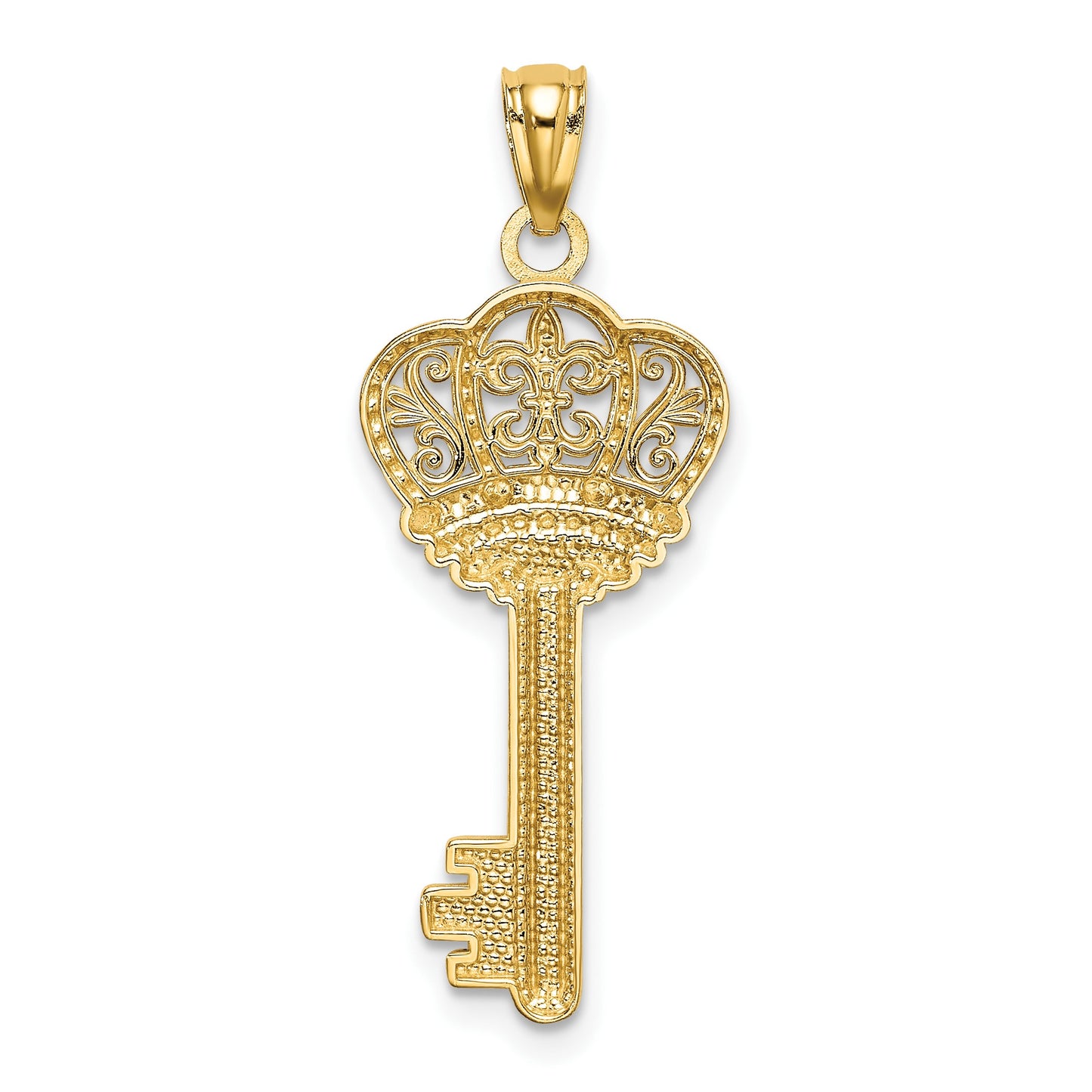 14K and White Rhodium Polished Fleur De Lis Crown Key Charm