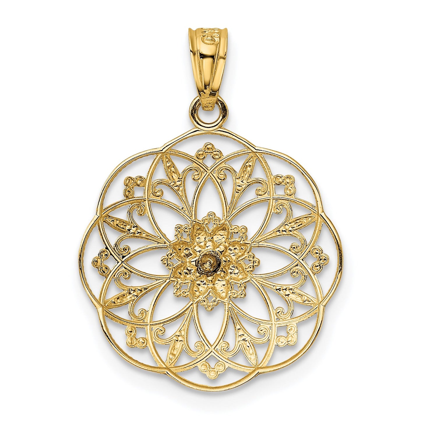 14k Two-tone Polished Rose in Round Filigree Charm