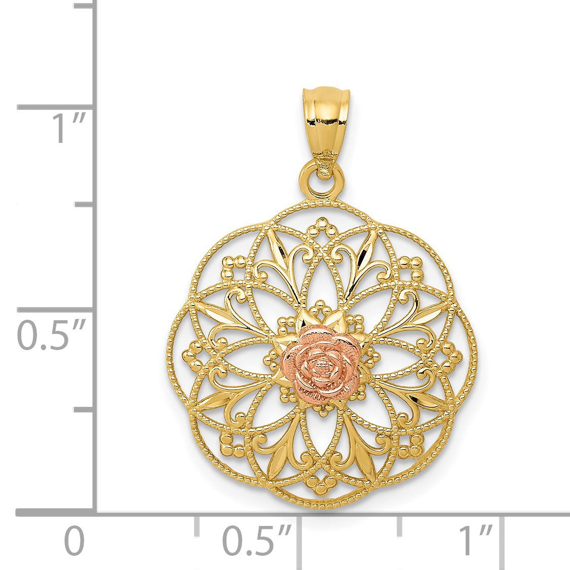 14k Two-tone Polished Rose in Round Filigree Charm