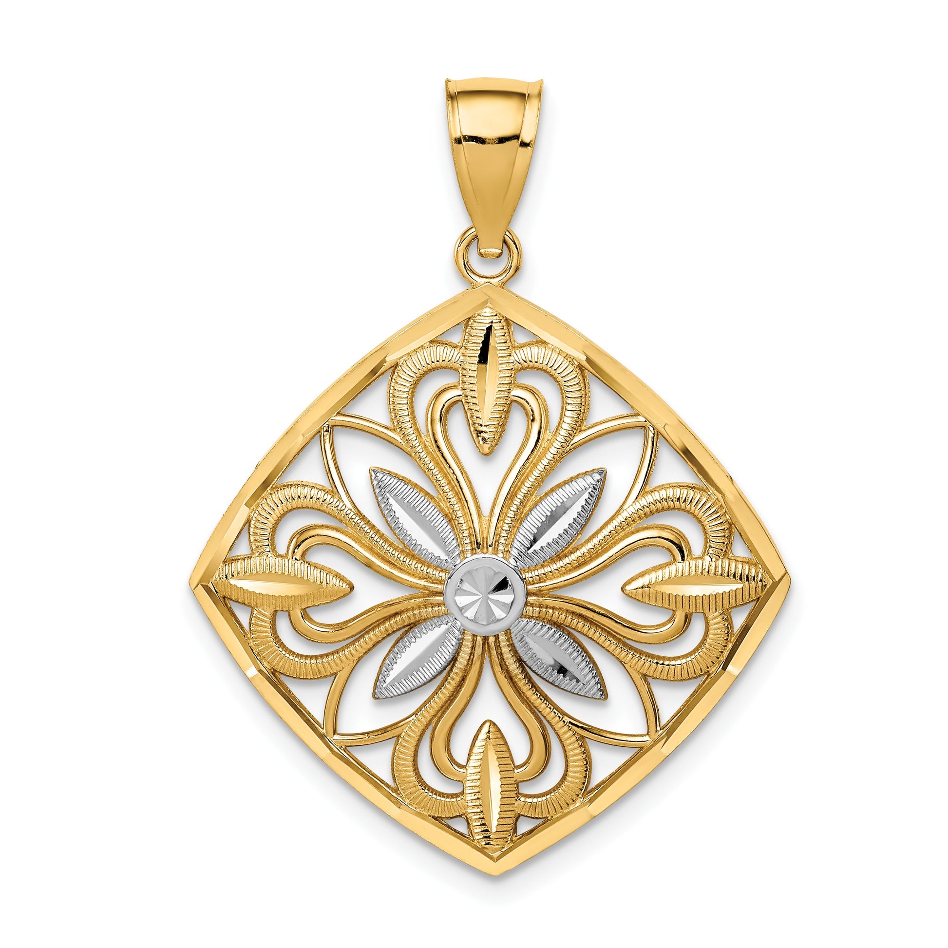14k and White Rhodium Diamond-cut Polished Fancy Square Charm