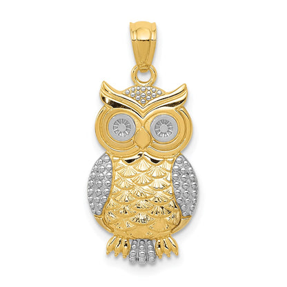 14K w/ Rhodium Polished / Textured Owl Pendant