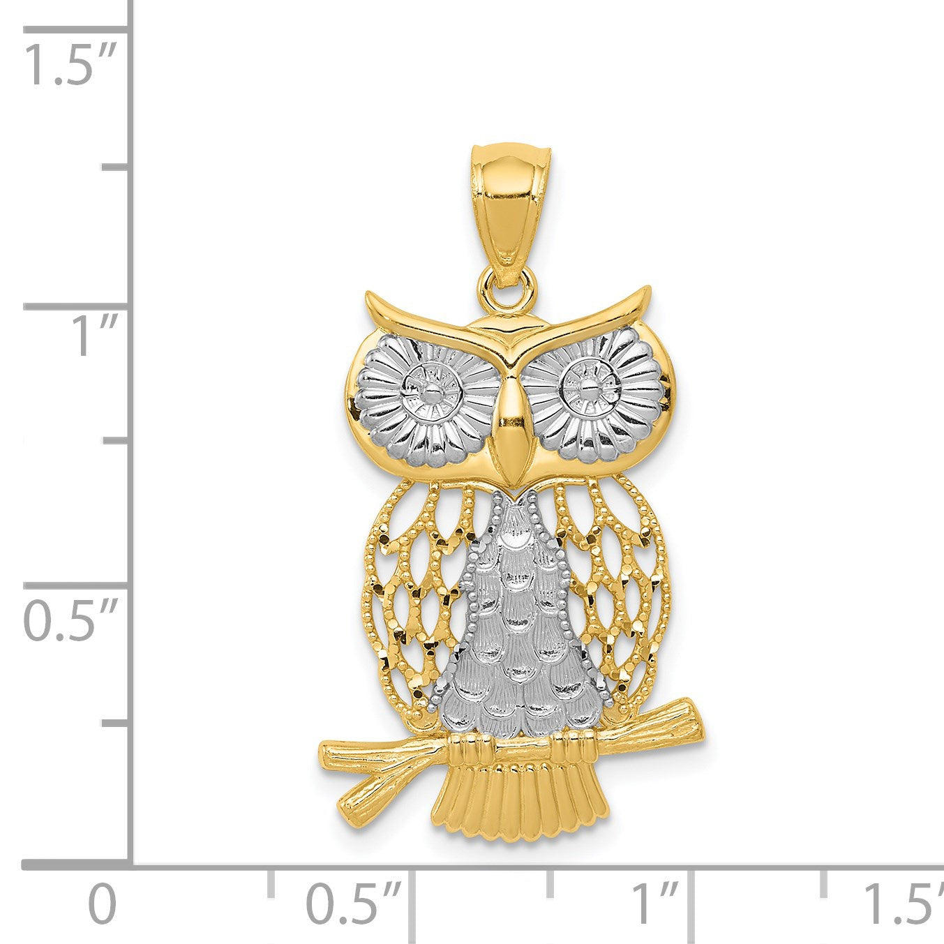 14k and White Rhodium Diamond-cut Polished Moveable Owl Pendant