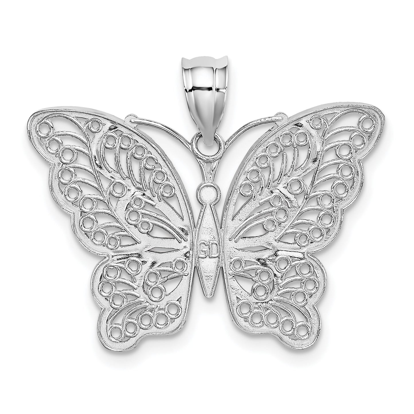 14k White Gold with Yellow Rhodium Polished Filigree Butterfly Pendant