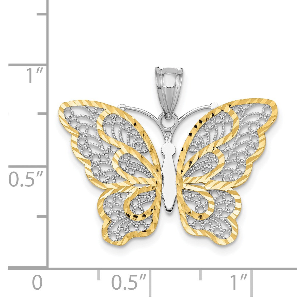 14k White Gold with Yellow Rhodium Polished Filigree Butterfly Pendant