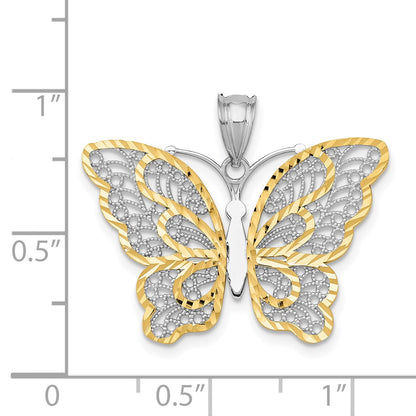 14k White Gold with Yellow Rhodium Polished Filigree Butterfly Pendant