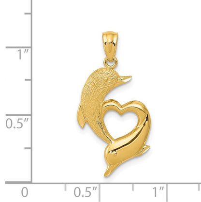 14K Diamond-cut Satin and Polished Dolphins Heart Pendant