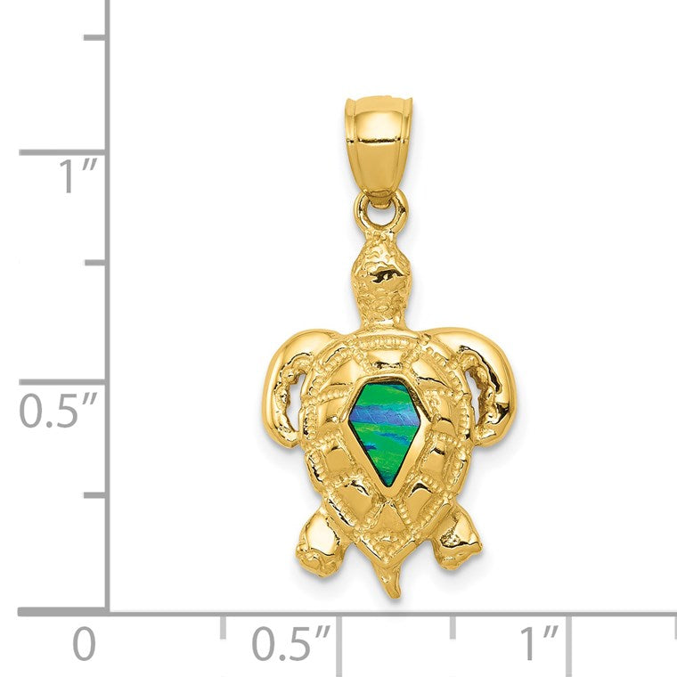 14k Polished Lab Created Blue Opal Turtle Pendant