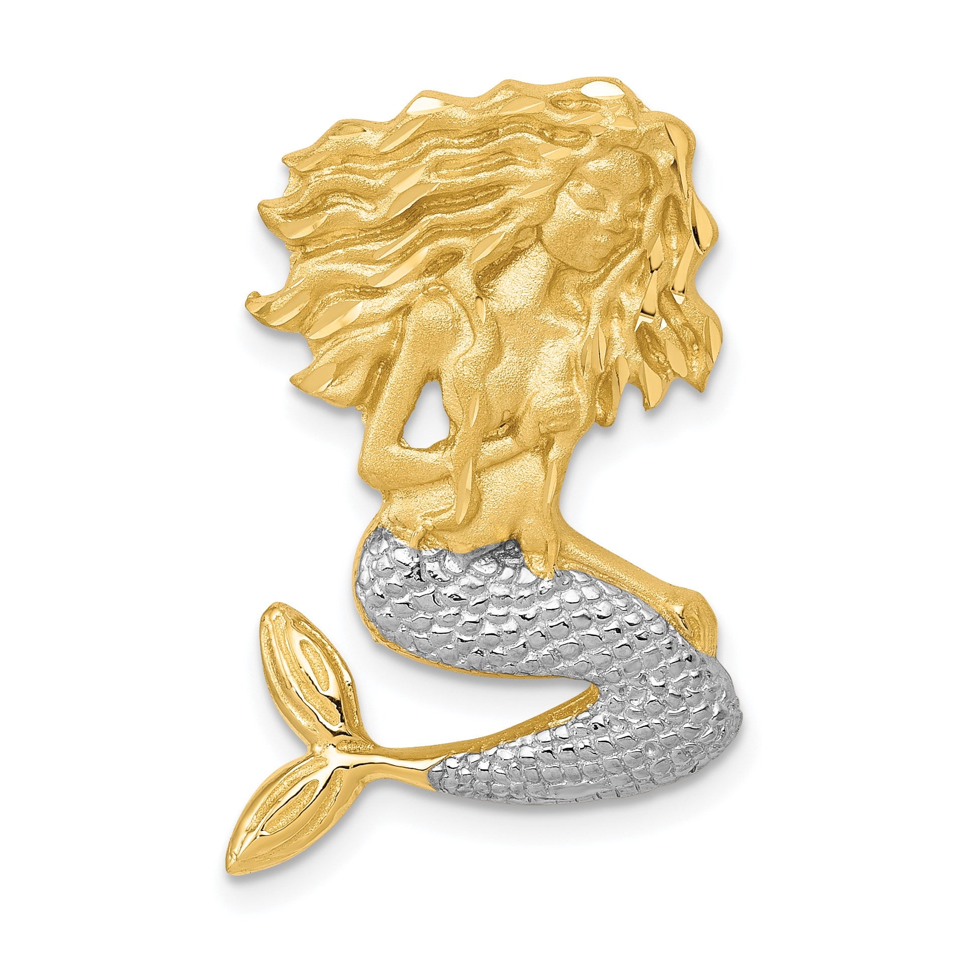 14k and White Rhodium Satin Diamond-cut Mermaid Omega Slide