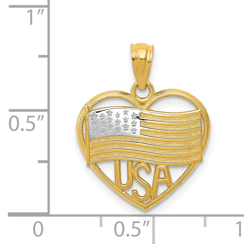 14k and White Rhodium Polished American Flag USA in Heart Pendant