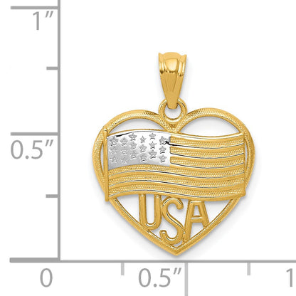 14k and White Rhodium Polished American Flag USA in Heart Pendant