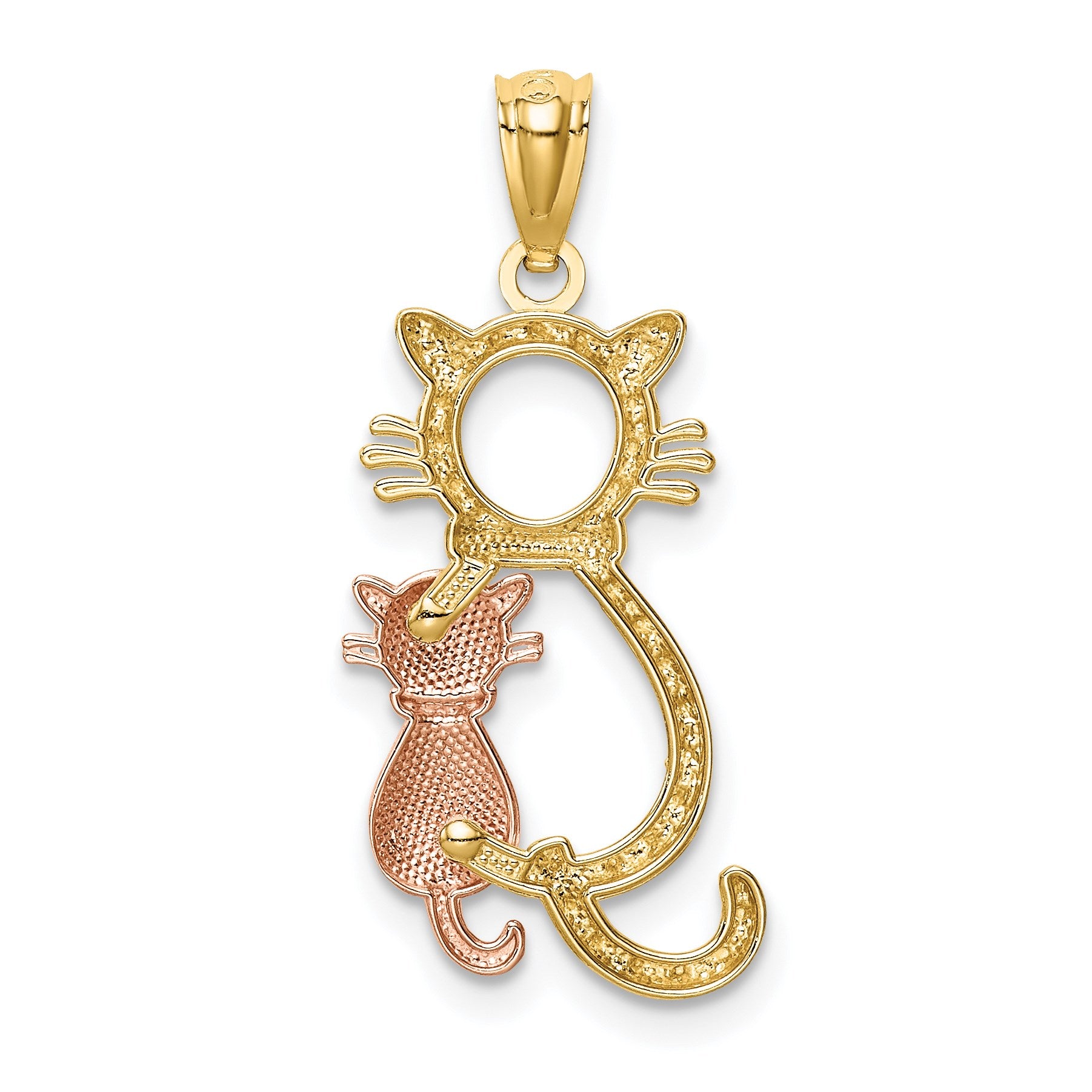 14k Two-tone Polished Diamond-cut Big and Little Sitting Cats Pendant