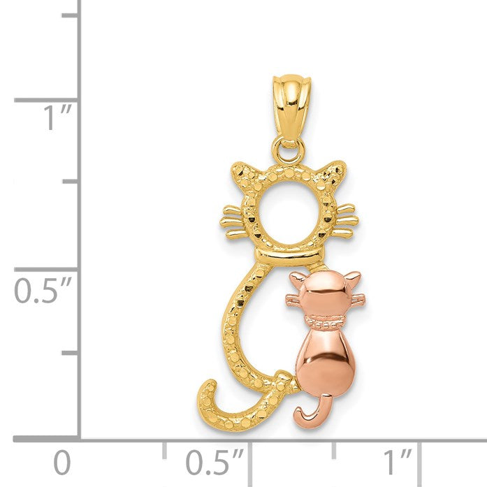 14k Two-tone Polished Diamond-cut Big and Little Sitting Cats Pendant