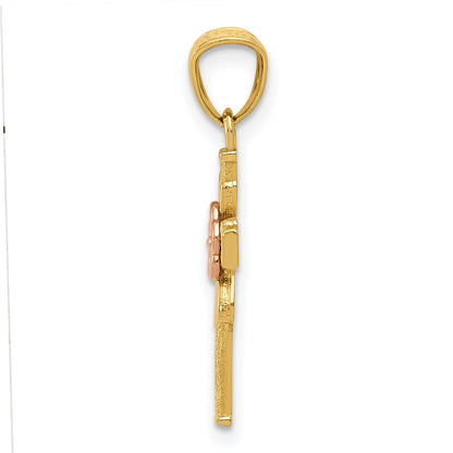 14K Two-tone Polished Diamond-cut Cross with Flower Pendant