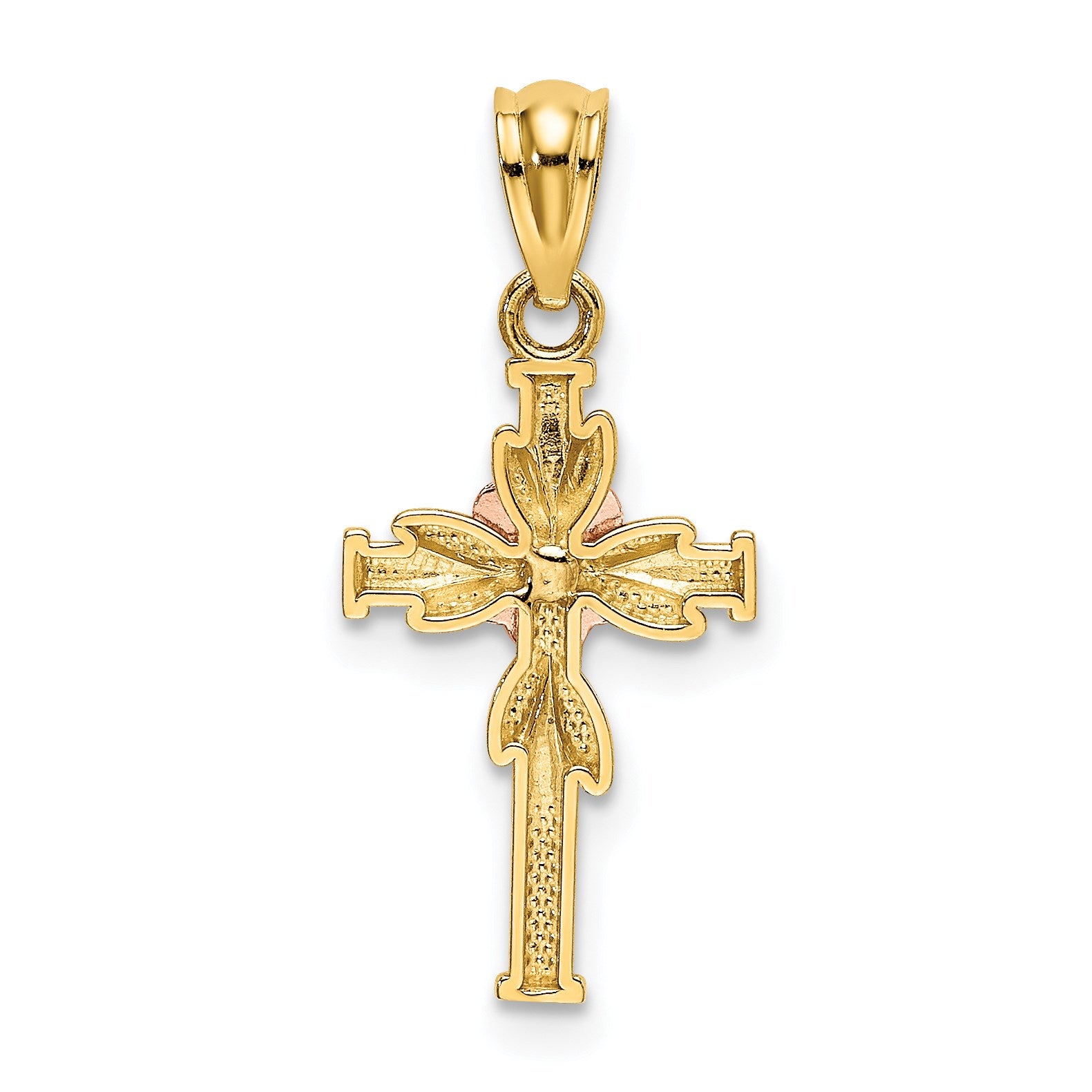14K Two-tone Polished Diamond-cut Cross with Flower Pendant
