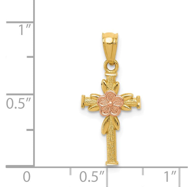 14K Two-tone Polished Diamond-cut Cross with Flower Pendant