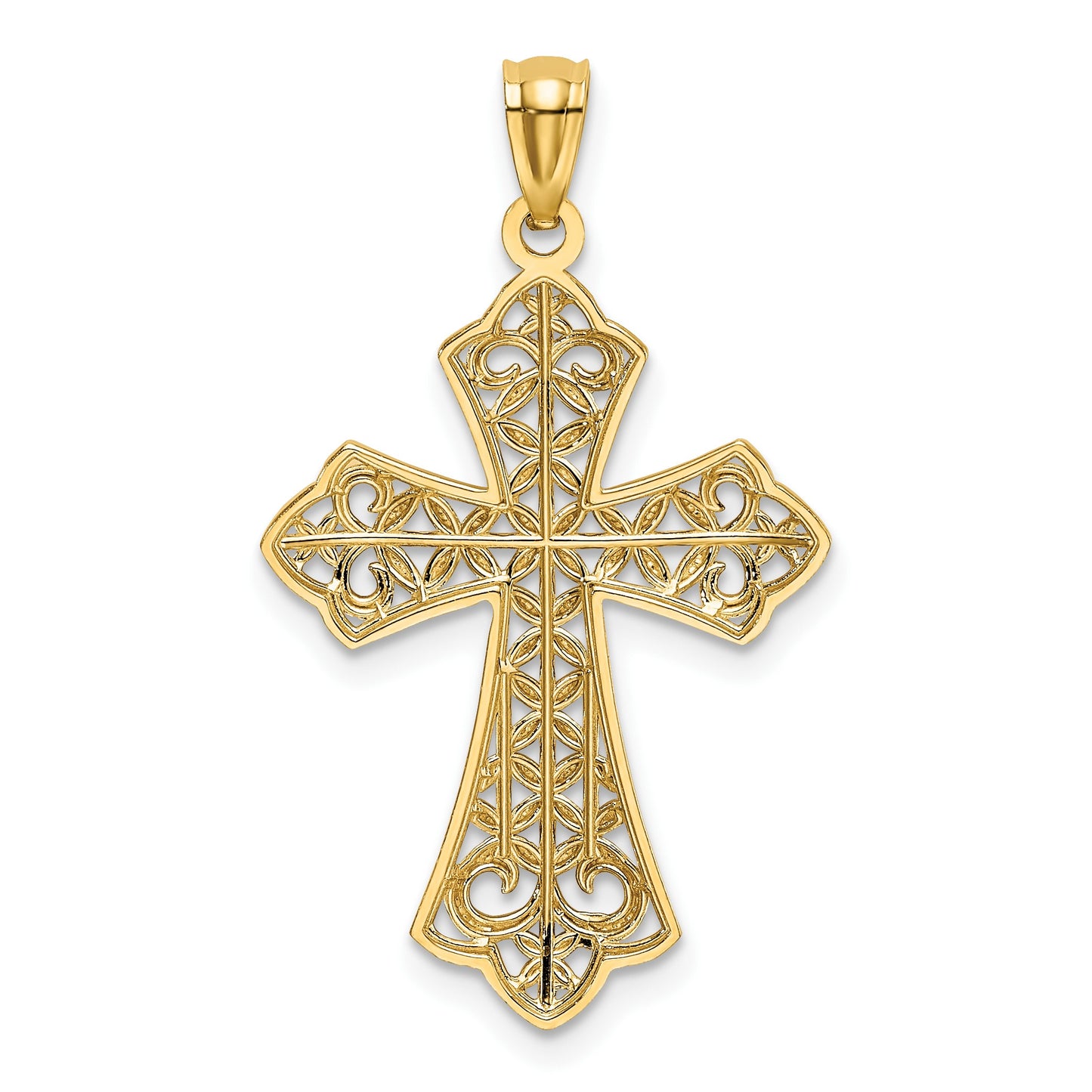 14k and White Rhodium Polished Diamond-cut Filigree Cross Pendant