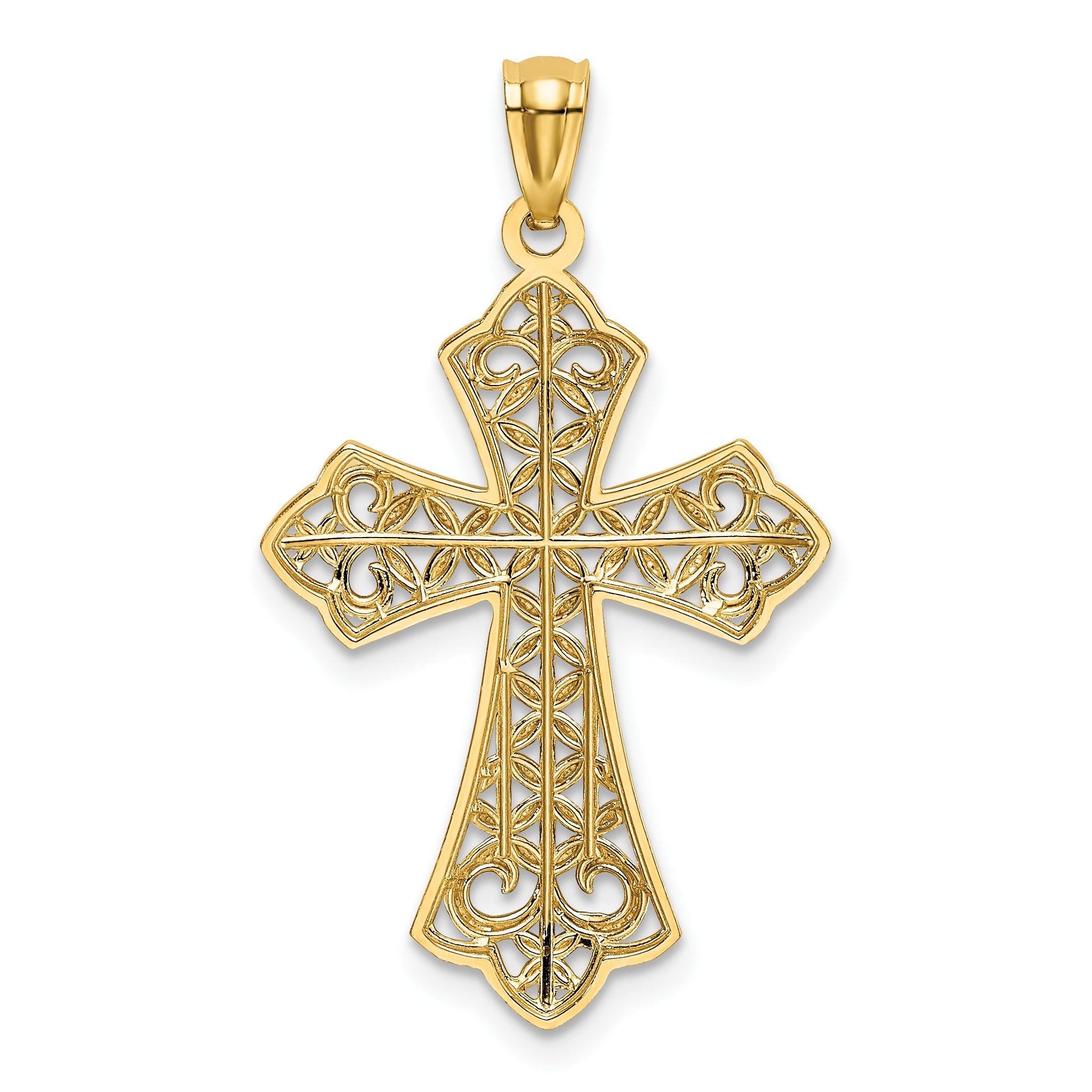 14k and White Rhodium Polished Diamond-cut Filigree Cross Pendant
