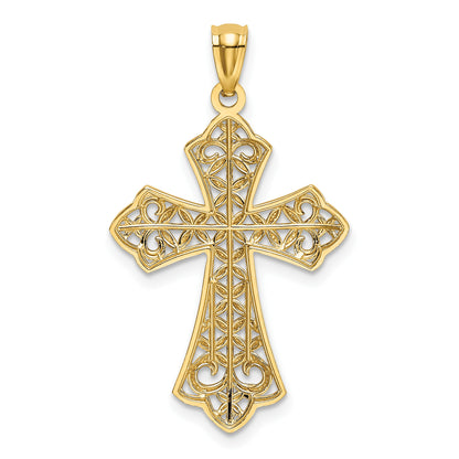 14k and White Rhodium Polished Diamond-cut Filigree Cross Pendant