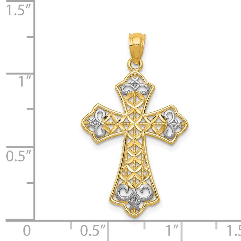 14k and White Rhodium Polished Diamond-cut Filigree Cross Pendant