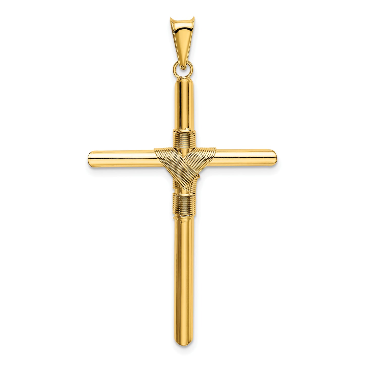 14K Polished with Center Wrap Tube Cross Pendant