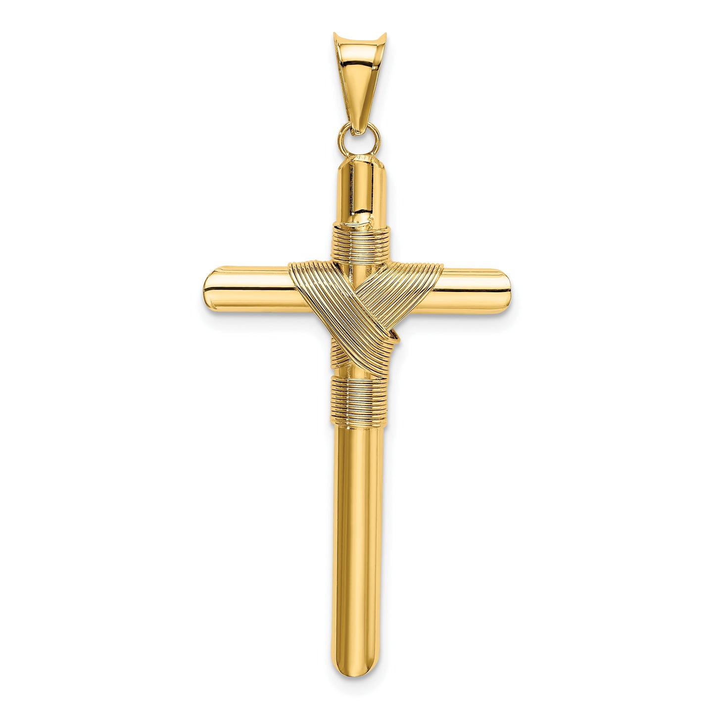 14K Polished with Center Wrap Tube Cross Pendant