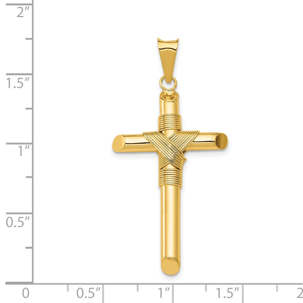 14K Polished with Center Wrap Tube Cross Pendant
