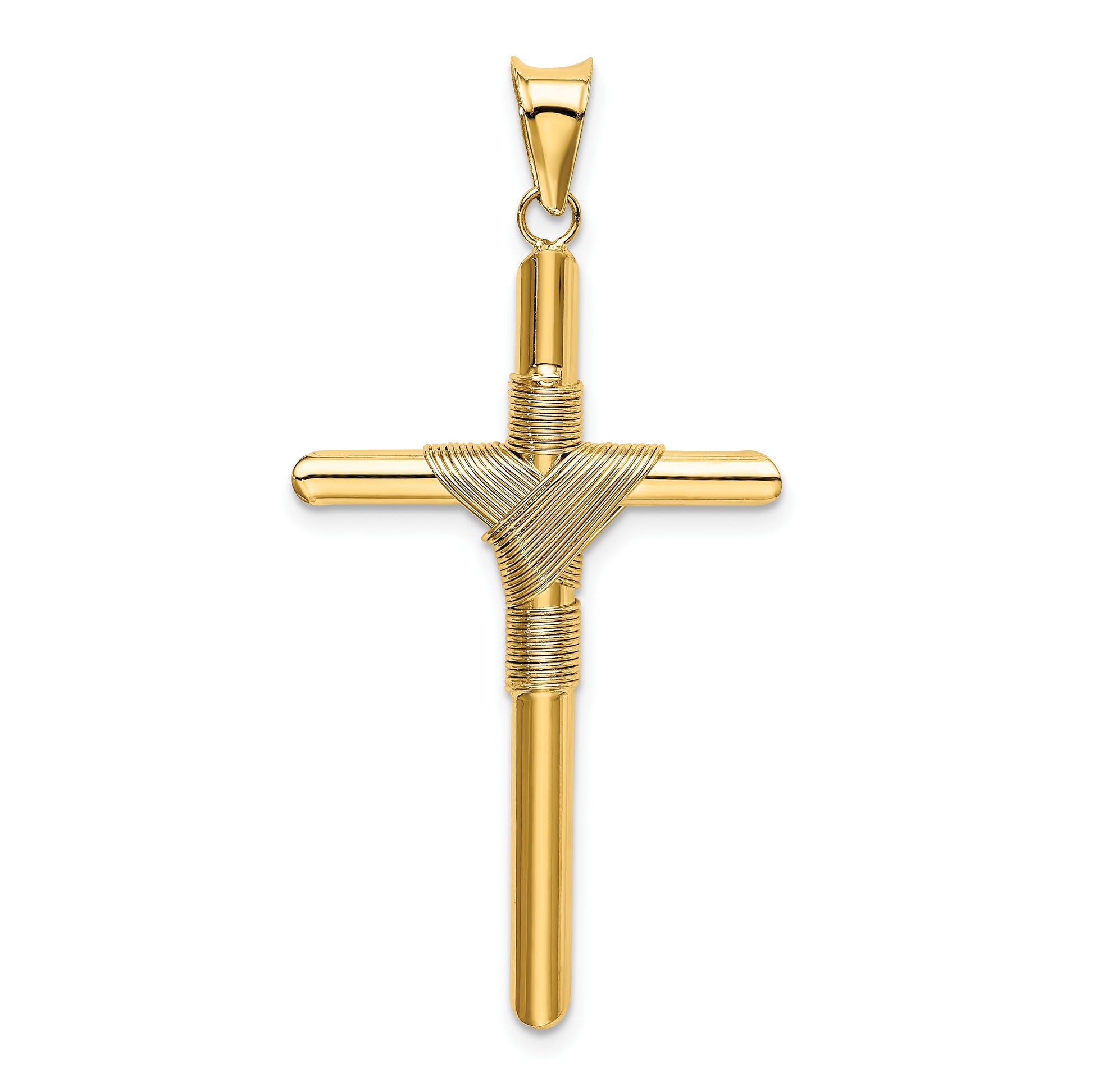 14K Polished with Center Wrap Tube Cross Pendant