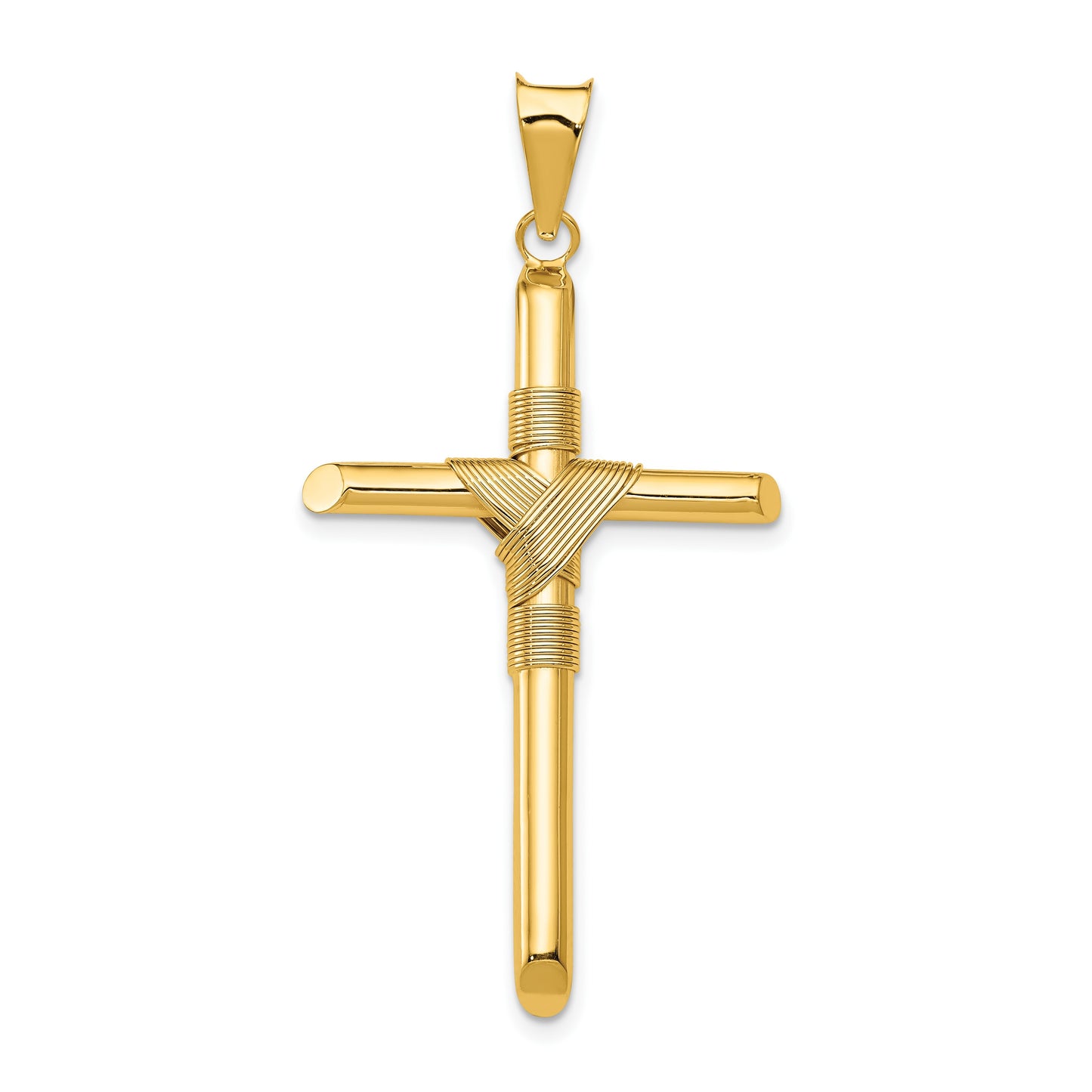 14K Polished with Center Wrap Tube Cross Pendant