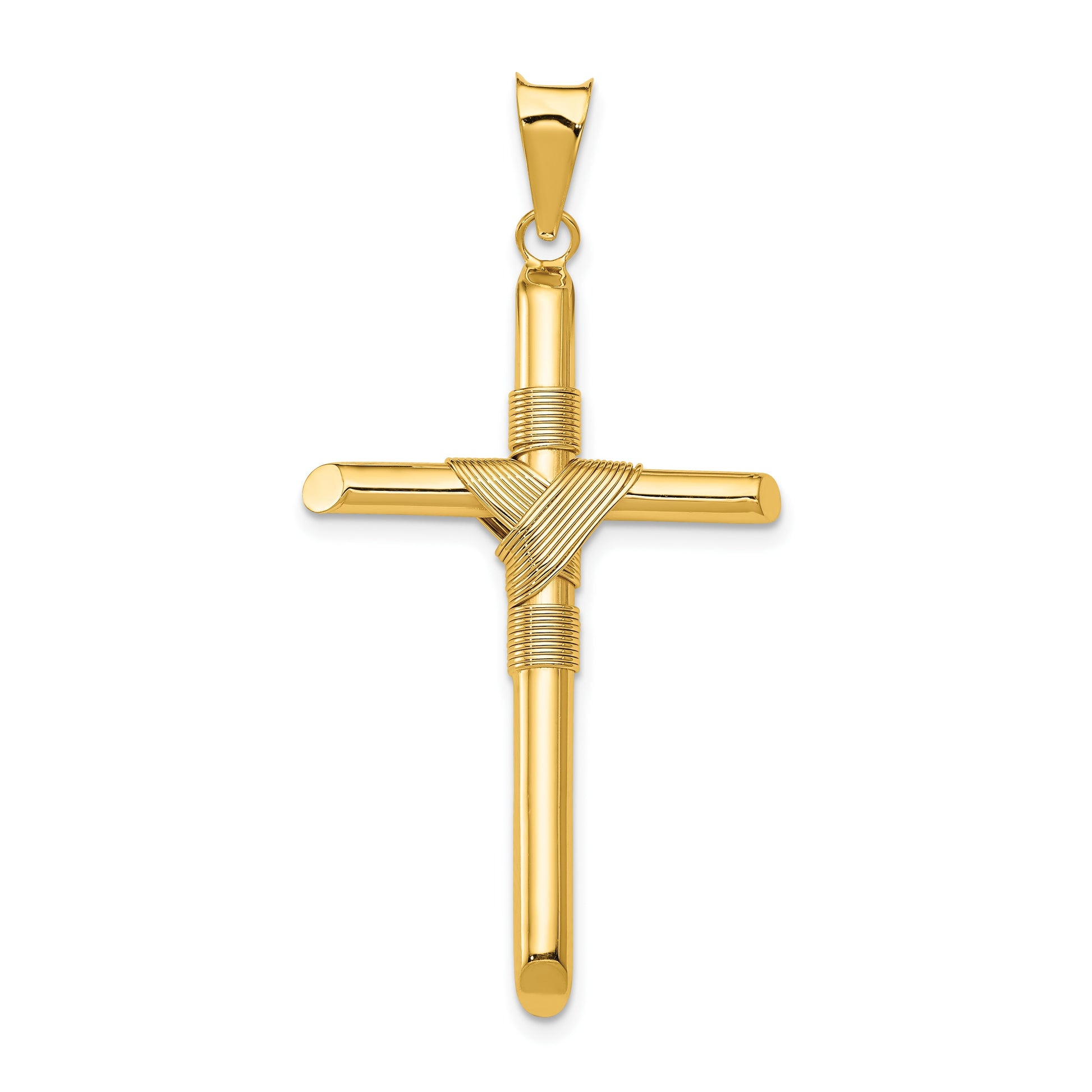 14K Polished with Center Wrap Tube Cross Pendant
