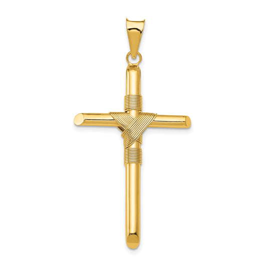 14K Polished with Center Wrap Tube Cross Pendant