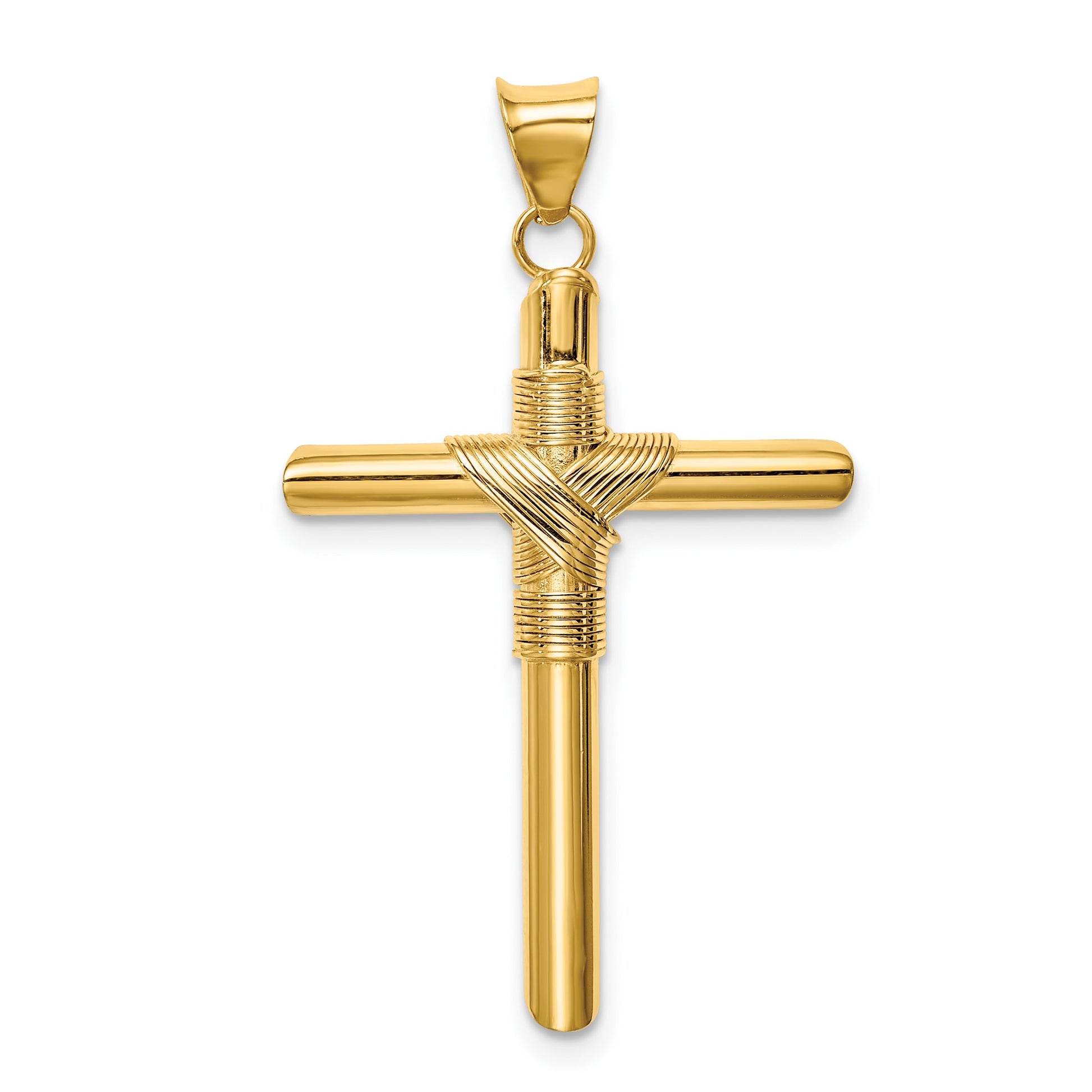 14K Polished with Center Wrap Tube Cross Pendant